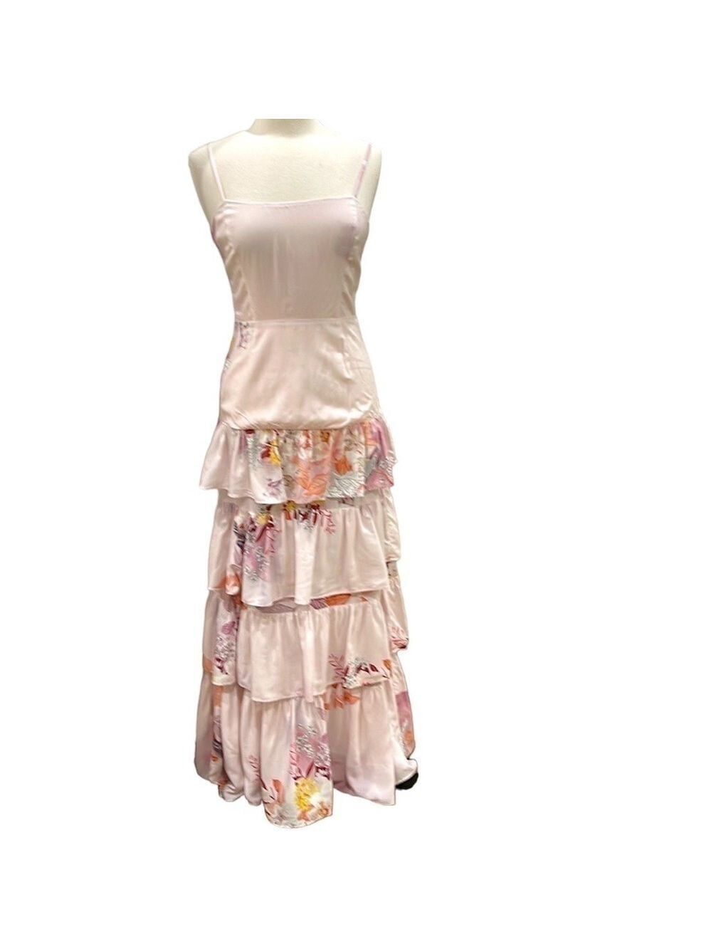 Plum Pretty Sugar Pink Floral Tiered Ruffle Strappy Maxi Dress SZ S
